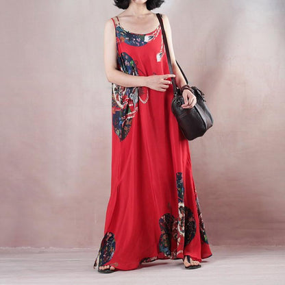 New Red Print Holiday Dress O Neck Sleeveless Gown a Silk Skirts Maxi Dress