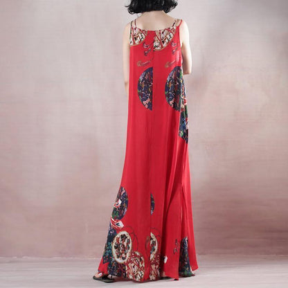 New Red Print Holiday Dress O Neck Sleeveless Gown a Silk Skirts Maxi Dress