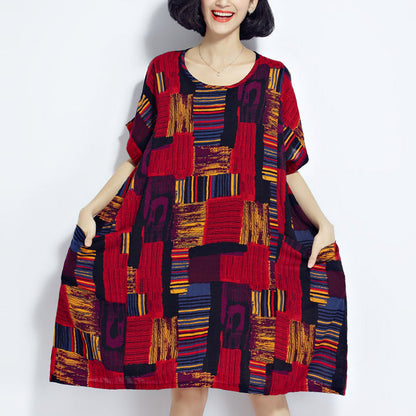 New Red Prints Cotton Dress Cotton Clothing Dresses New O Neck Short Sleeve Midi Dress