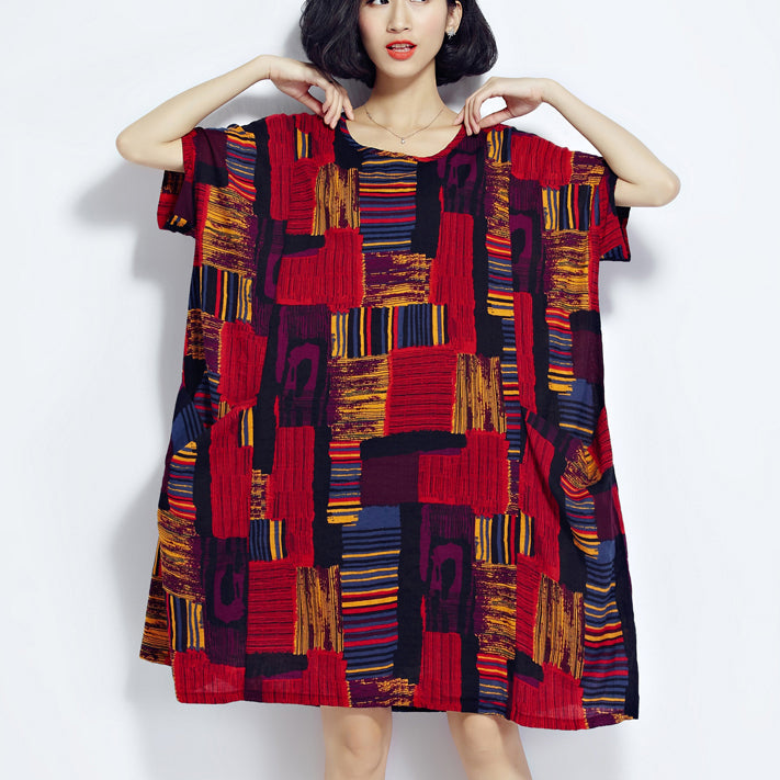 New Red Prints Cotton Dress Cotton Clothing Dresses New O Neck Short Sleeve Midi Dress