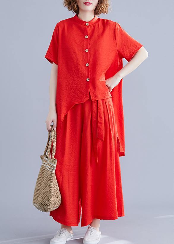 New Retro Silk Hemp Red Irregular Short-sleeved Shirt + Elastic Waist Strap Wide-leg Pants