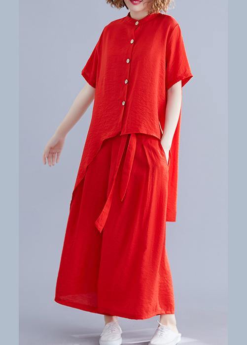 New Retro Silk Hemp Red Irregular Short-sleeved Shirt + Elastic Waist Strap Wide-leg Pants