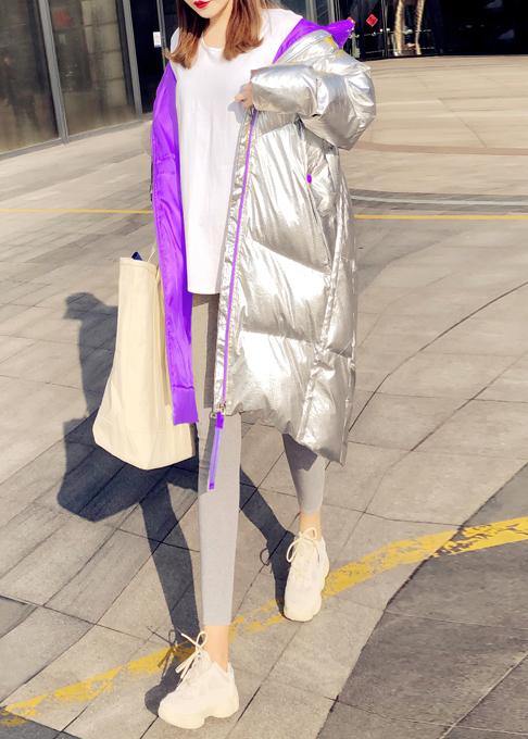 New Silver Patchwork Purple Down Jacket Woman Loose Fitting Snow Jackets Hooded Zippered Jackets