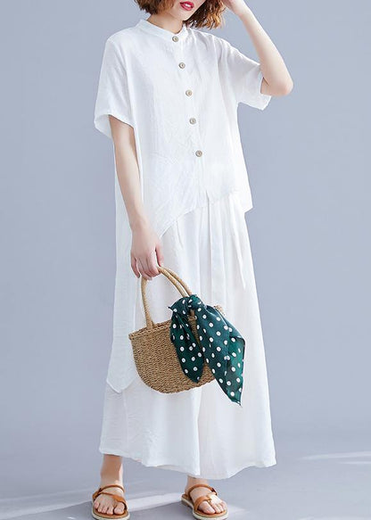 New Suit Retro Silk Hemp White Irregular Short-sleeved Shirt + Elastic Waist Strap Wide-leg Pants