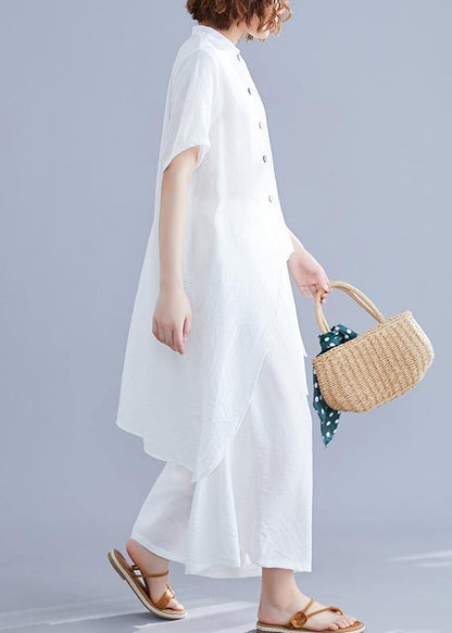 New Suit Retro Silk Hemp White Irregular Short-sleeved Shirt + Elastic Waist Strap Wide-leg Pants