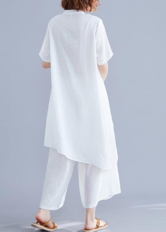 New Suit Retro Silk Hemp White Irregular Short-sleeved Shirt + Elastic Waist Strap Wide-leg Pants