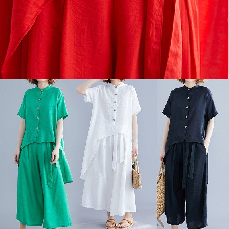 New Suit Retro Silk Hemp White Irregular Short-sleeved Shirt + Elastic Waist Strap Wide-leg Pants