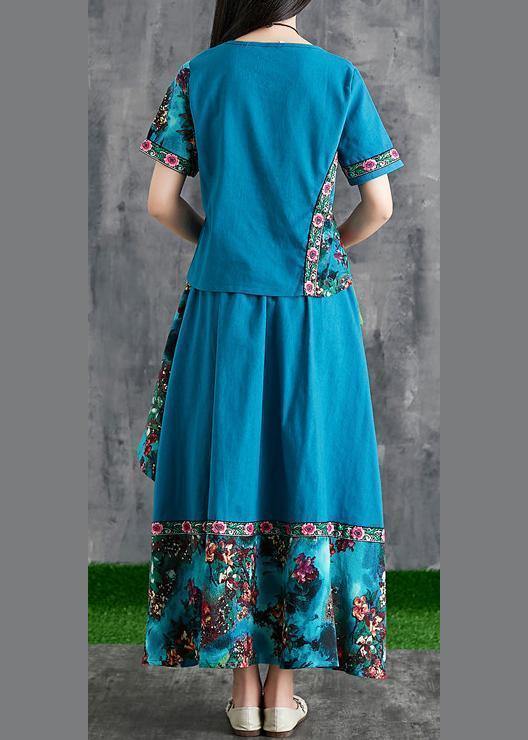 New Summer Cotton and Linen Contrast Color Mosaic Blue Print Small Fresh Wind Two-piece