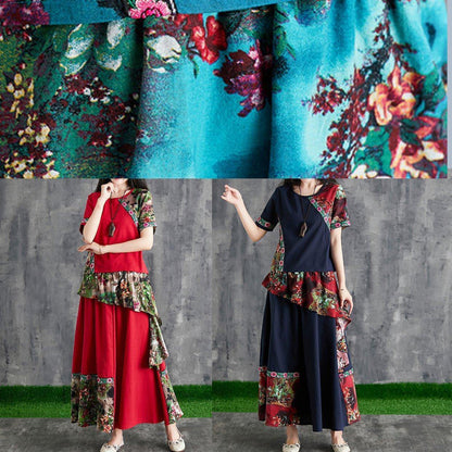 New Summer Cotton and Linen Contrast Color Mosaic Blue Print Small Fresh Wind Two-piece