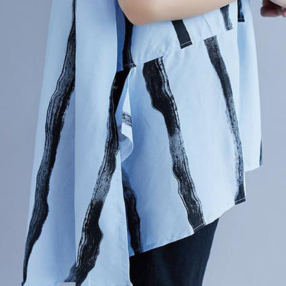 New Summer Cotton Blended T Shirt Short Sleeve Summer Stripe High-low Hem Blue Tops