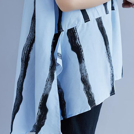 New Summer Cotton Blended T Shirt Short Sleeve Summer Stripe High-low Hem Blue Tops