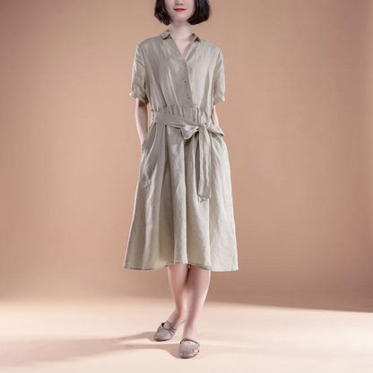 New Summer Dresses Loose Fitting Short Sleeve Pleated Belt Summer Beige Dress