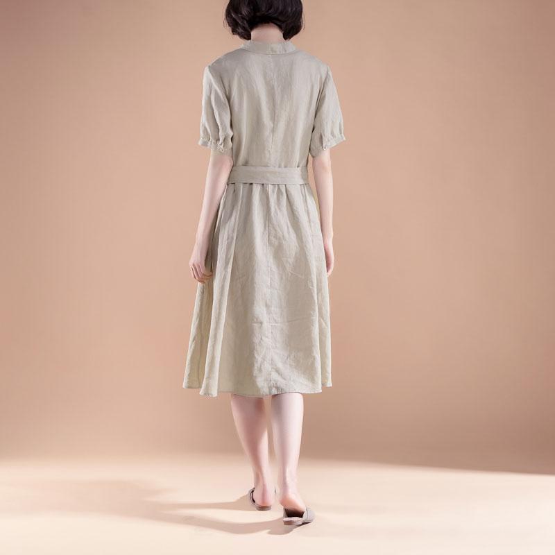New Summer Dresses Loose Fitting Short Sleeve Pleated Belt Summer Beige Dress