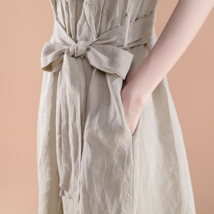 New Summer Dresses Loose Fitting Short Sleeve Pleated Belt Summer Beige Dress