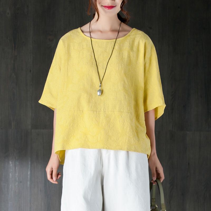 New Summer T Shirt Clothing Loose 12 Sleeve Yellow Jacquard Cotton Tops
