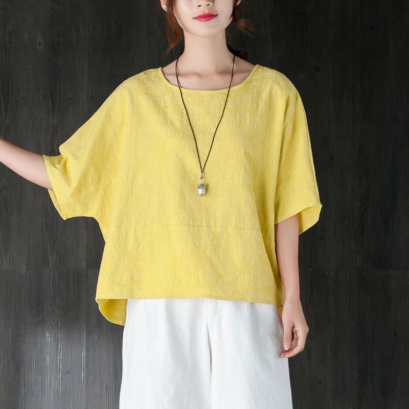 New Summer T Shirt Clothing Loose 12 Sleeve Yellow Jacquard Cotton Tops