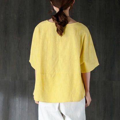 New Summer T Shirt Clothing Loose 12 Sleeve Yellow Jacquard Cotton Tops