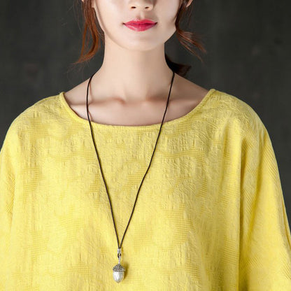 New Summer T Shirt Clothing Loose 12 Sleeve Yellow Jacquard Cotton Tops