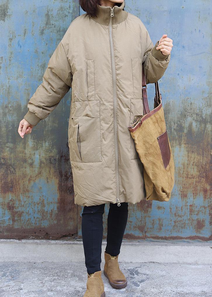 New Snow Jackets Stand Collar Outwear Khaki Zippered Warm Winter Coat
