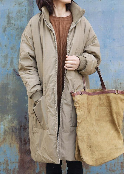 New Snow Jackets Stand Collar Outwear Khaki Zippered Warm Winter Coat