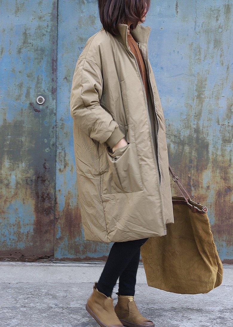 New Snow Jackets Stand Collar Outwear Khaki Zippered Warm Winter Coat
