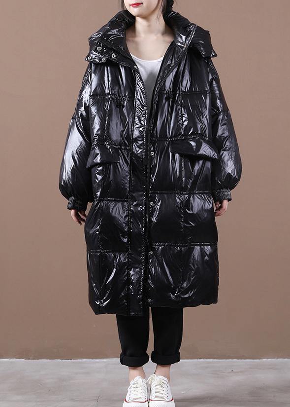 New Parka Coats Black Hooded Pockets Zippered Down Coats