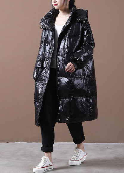 New Parka Coats Black Hooded Pockets Zippered Down Coats