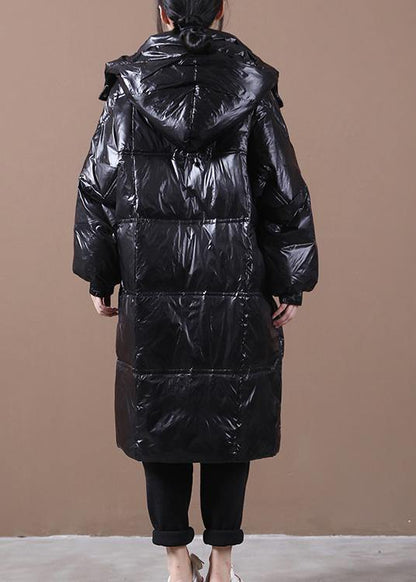 New Parka Coats Black Hooded Pockets Zippered Down Coats