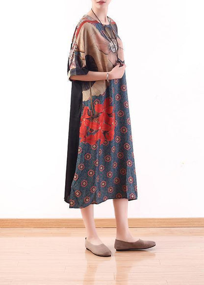 New Versatile Large Size Irregular Red Printed Silk Loose and Thin Dress