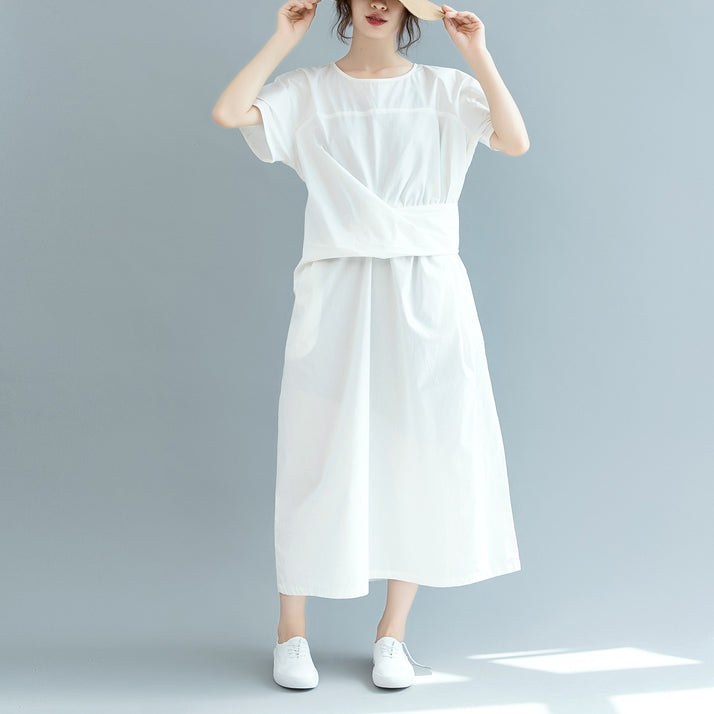 New White Cotton Maxi Dress Loose Fitting O Neck Cinched Traveling Clothing Short Sleeve Baggy Dresses