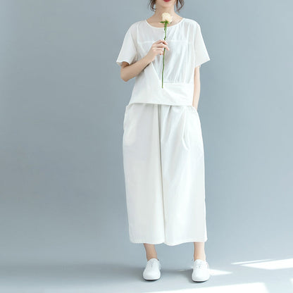 New White Cotton Maxi Dress Loose Fitting O Neck Cinched Traveling Clothing Short Sleeve Baggy Dresses
