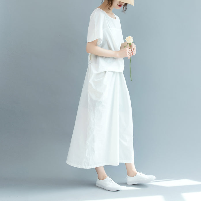 New White Cotton Maxi Dress Loose Fitting O Neck Cinched Traveling Clothing Short Sleeve Baggy Dresses