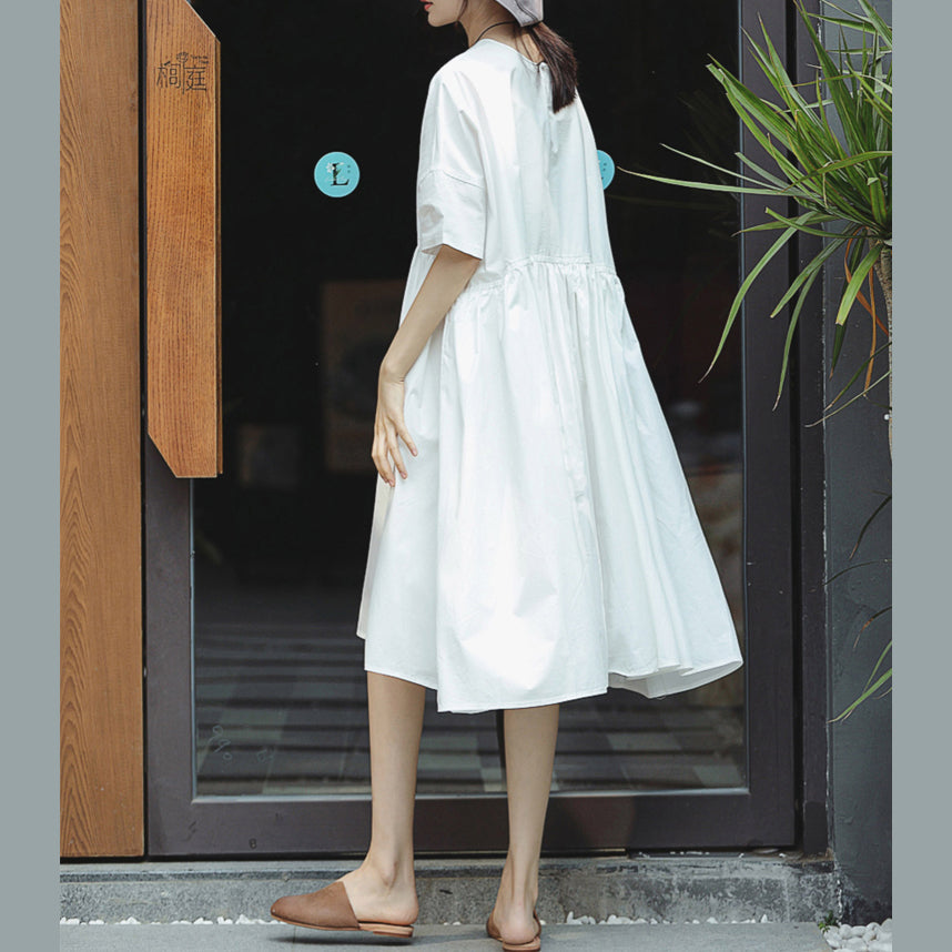 New White Cotton Maxi Dress O Neck Baggy Dresses Short Sleeve Large Hem Dresses