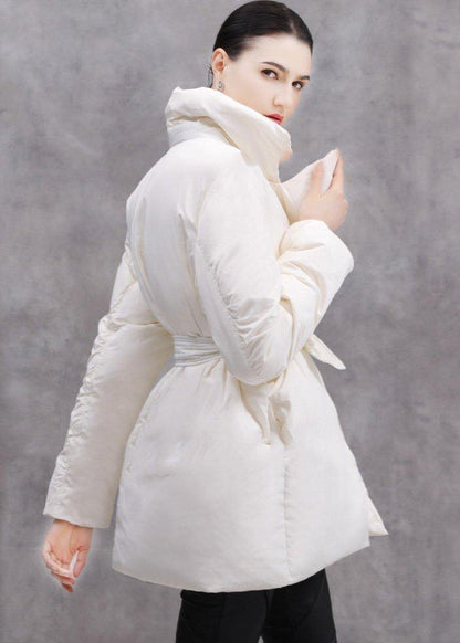 New White Duck Down Coat Plussize Tie Waist Winter Jacket Thick Coats