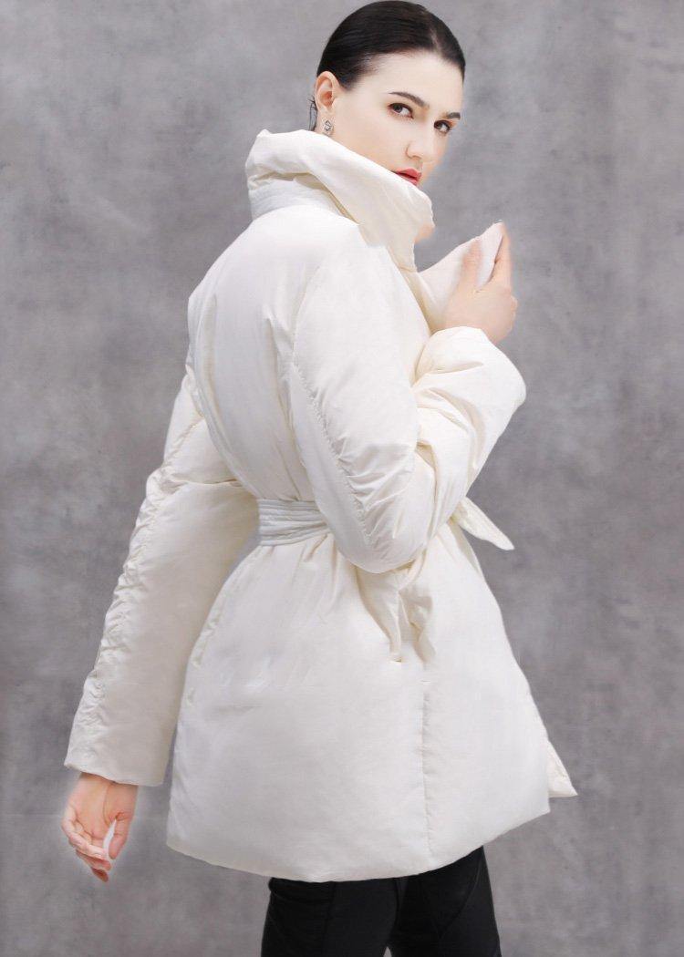 New White Duck Down Coat Plussize Tie Waist Winter Jacket Thick Coats