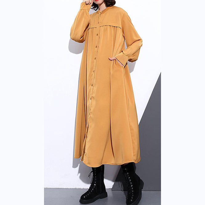 New Yellow Silk Cotton Blended Caftans Clothing Stand Collar Silk Cotton Blended Clothing Dress Fine Pockets Cinched Caftans