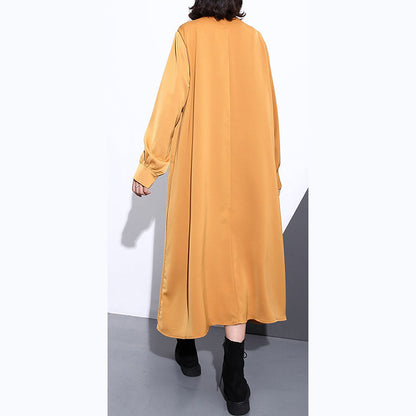 New Yellow Silk Cotton Blended Caftans Clothing Stand Collar Silk Cotton Blended Clothing Dress Fine Pockets Cinched Caftans