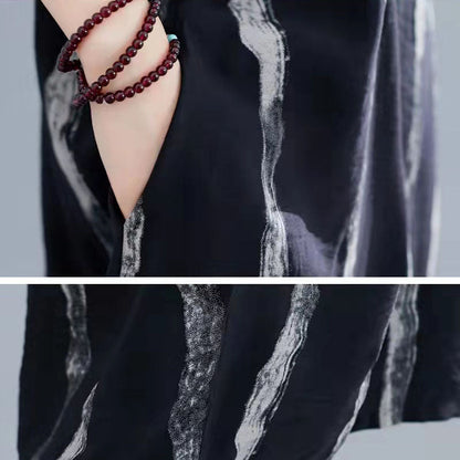 New Black Cotton Knee Dress Loose Fitting Dress Short Sleeve Baggy Dresses Print O Neck Cotton Dresses