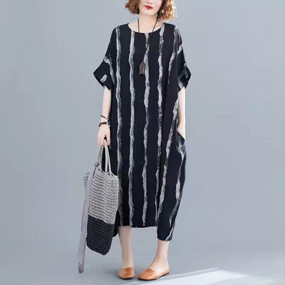 New Black Cotton Knee Dress Loose Fitting Dress Short Sleeve Baggy Dresses Print O Neck Cotton Dresses