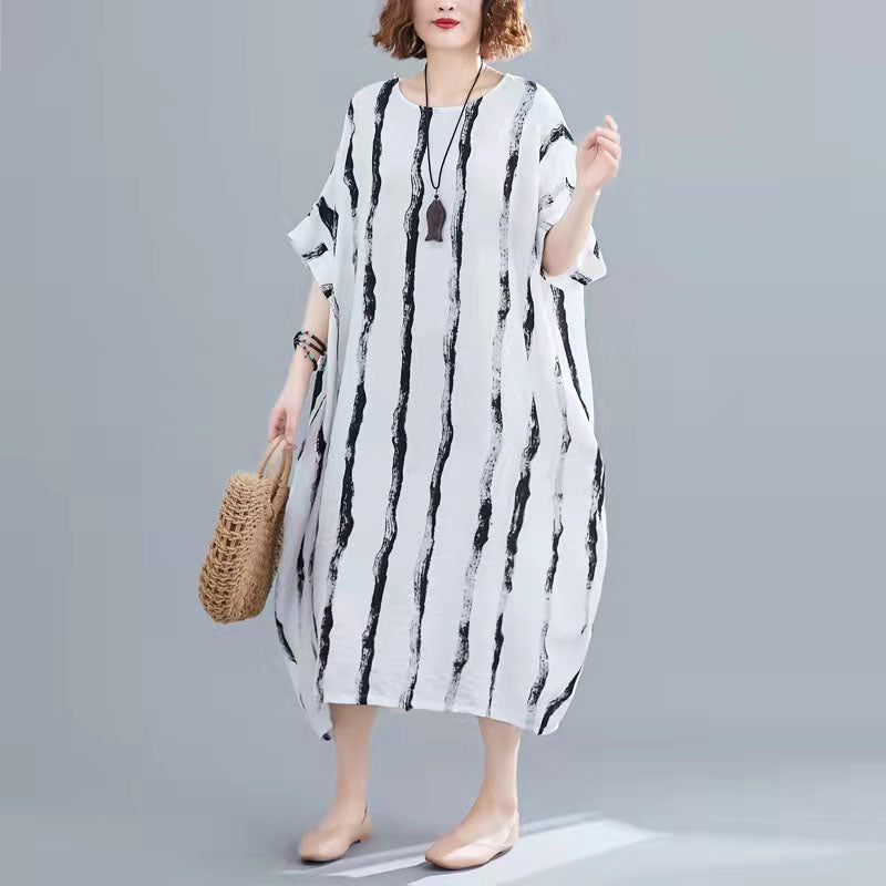 New Black Cotton Knee Dress Loose Fitting Dress Short Sleeve Baggy Dresses Print O Neck Cotton Dresses
