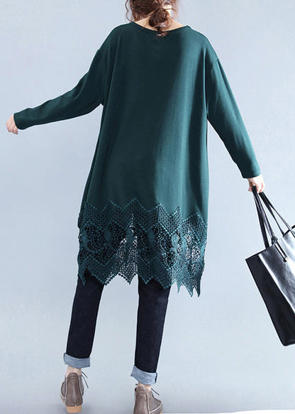 New Blackish Green Cotton Shift Dress Plussize Cotton Clothing Dresses Lace Ruffles Long Sleeve Cotton Dresses