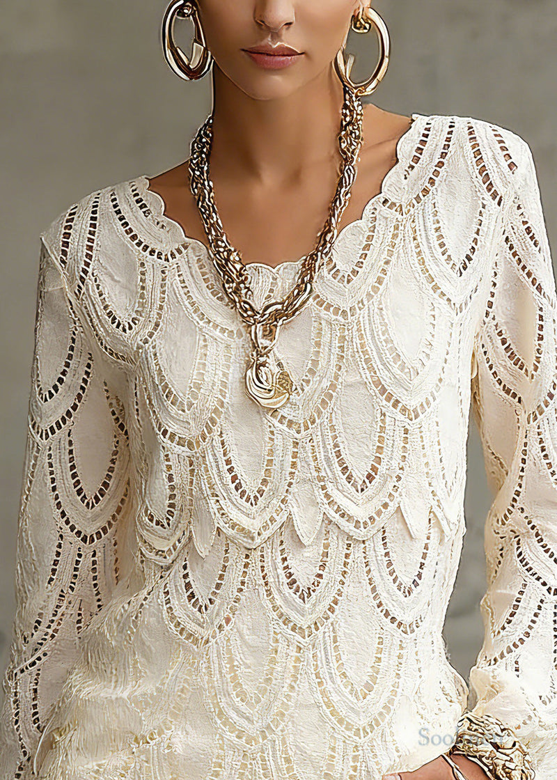 Novelty Beige Hollow Out Lace Tops Spring