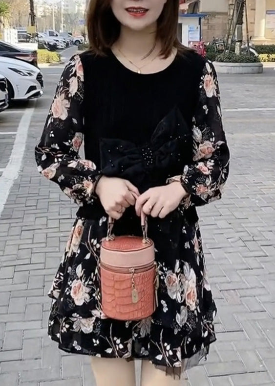 Novelty Black O-neck Bow Patchwork Mid Dress Spring