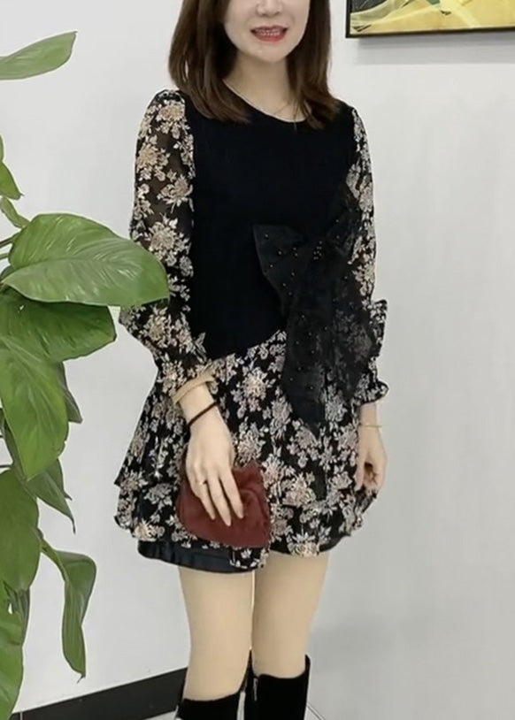Novelty Black O-neck Bow Patchwork Mid Dress Spring
