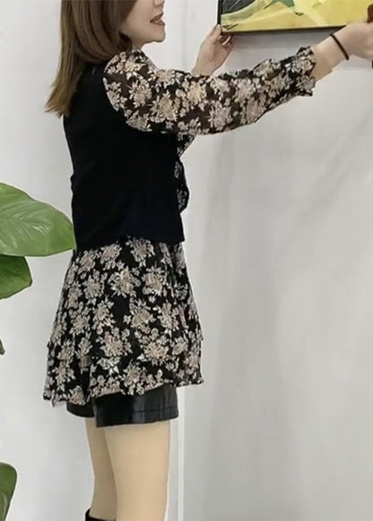 Novelty Black O-neck Bow Patchwork Mid Dress Spring