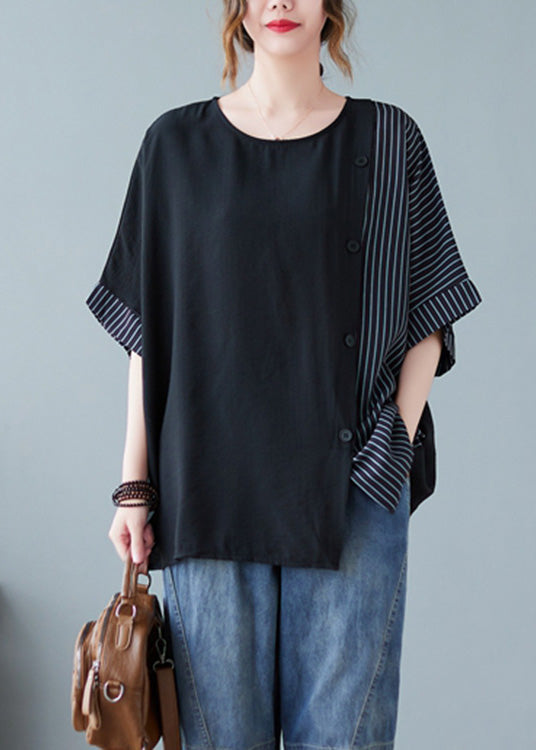 Novelty Cashew Pattern O-neck Striped Patchwork Button Cotton T Shirts Half Sleeve