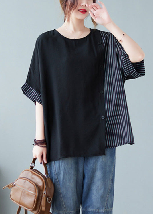 Novelty Geometric Patterns O-neck Striped Patchwork Button Cotton T Shirts Half Sleeve