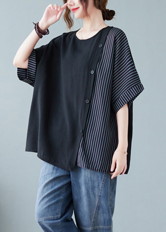Novelty Black and White Grid O-neck Striped Patchwork Button Cotton T Shirts Half Sleeve