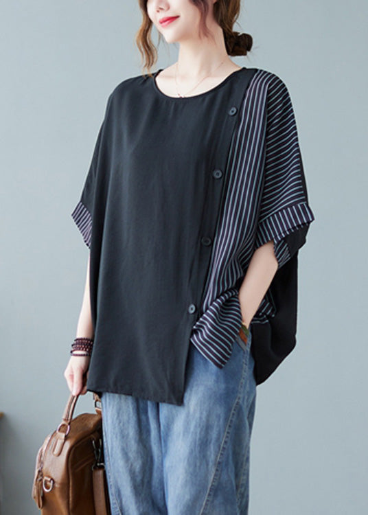 Novelty Geometric Patterns O-neck Striped Patchwork Button Cotton T Shirts Half Sleeve