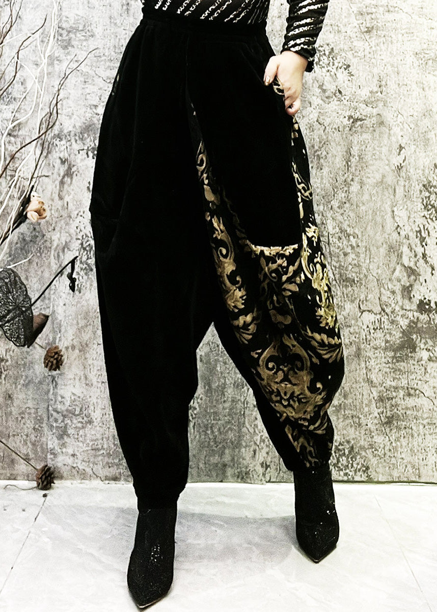Novelty Black Patchwork Gold Asymmetrical Thick Print High Waist Beam Pants Winter